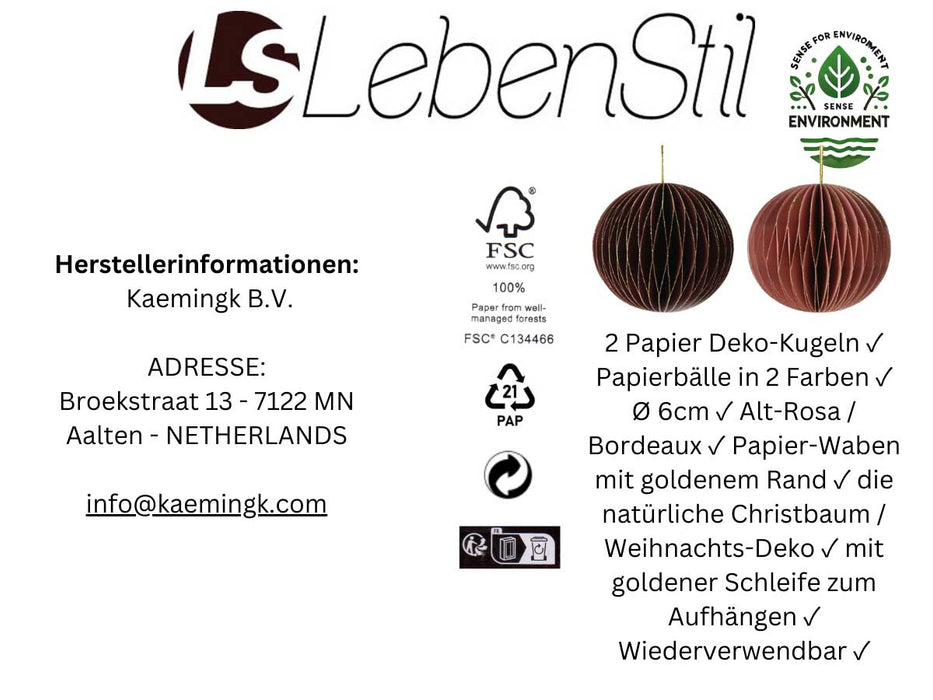 2x Wabenball Alt-Rosa Bordeaux 6cm Papierkugel Honeycomb Deko Party Weihnachten