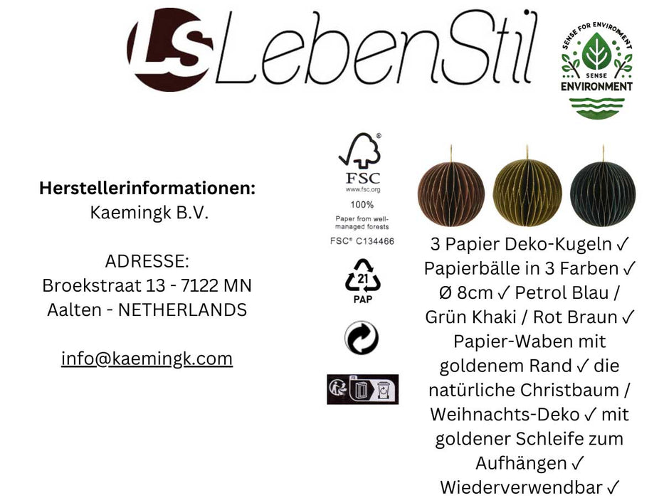 3x Wabenball Petrol Grün Braun 8cm Papierkugel Honeycomb Deko Party Weihnachten