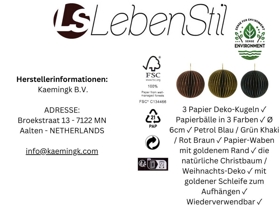 3x Wabenball Petrol Grün Braun 6cm Papierkugel Honeycomb Deko Party Weihnachten