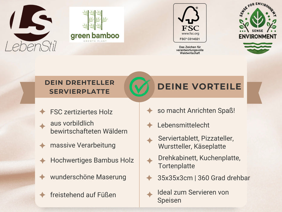 XL Holz Servierplatte Drehteller 35cm Bambus drehbar Drehtablett Drehplatte