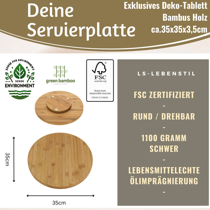 XL Holz Servierplatte Drehteller 35cm Bambus drehbar Drehtablett Drehplatte