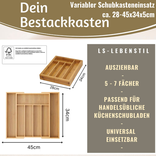 KI-generiertes Bild,Holz Schubladeneinsatz Besteckkasten 28-45cm ausziehbar Besteckbox Organizer