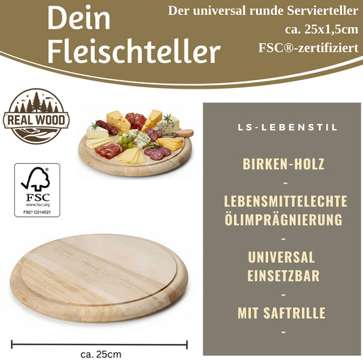 Holz Fleischteller Servierteller 25cm Birke Rund Schneidebrett Vesperbrett