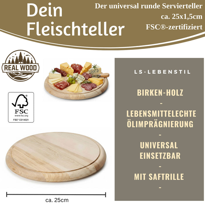 KI-generiertes Bild,Holz Fleischteller Servierteller 25cm Birke Rund Schneidebrett Vesperbrett