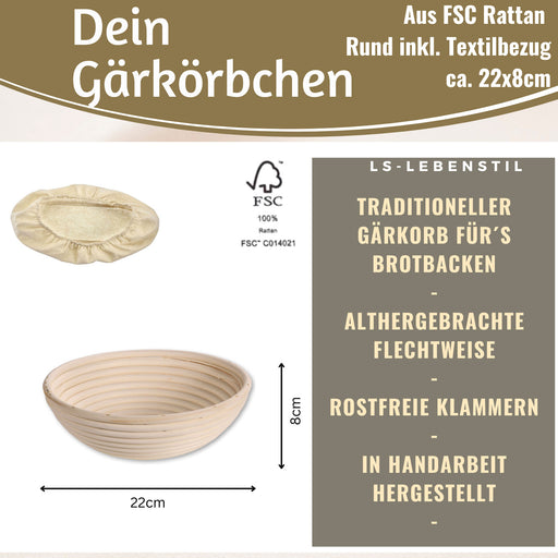 KI-generiertes Bild,Gärkörbchen Gärkorb Rund 22x8cm Peddigrohr Brotform Leineneinsatz Brotkorb