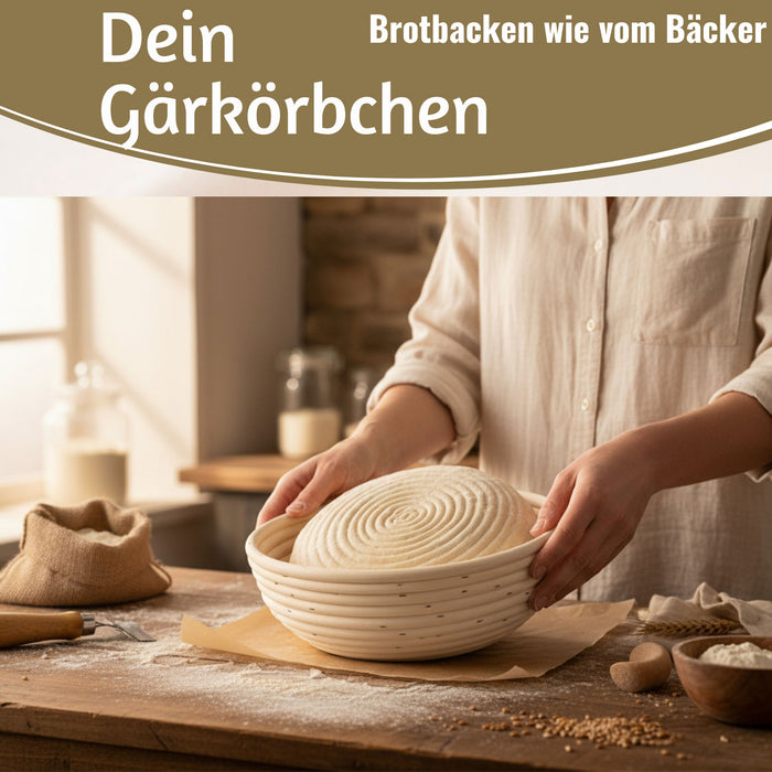 KI-generiertes Bild,Gärkörbchen Gärkorb Rund 22x8cm Peddigrohr Brotform Leineneinsatz Brotkorb