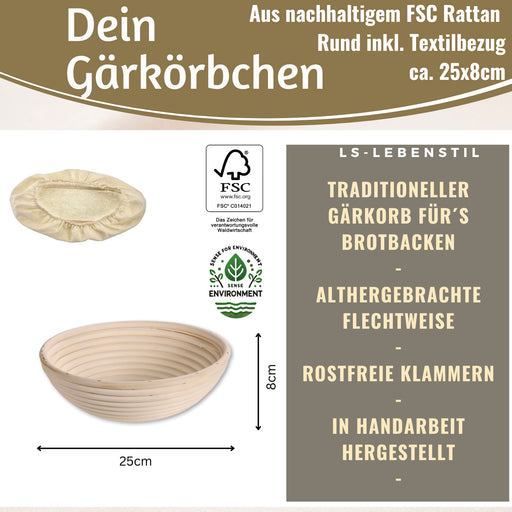 Gärkörbchen Gärkorb Rund 25x8cm Peddigrohr Brotform Leineneinsatz Brotkorb