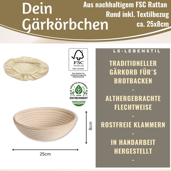 Gärkörbchen Gärkorb Rund 25x8cm Peddigrohr Brotform Leineneinsatz Brotkorb