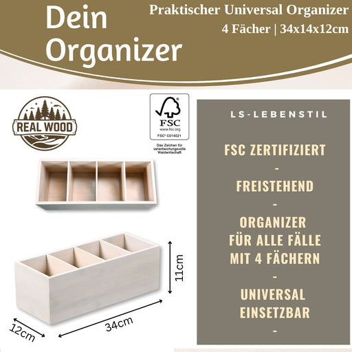 XL Landhaus Holz Aufbewahrungsbox 34cm 4 Fächer Cutlery Stiftebox Besteckkorb