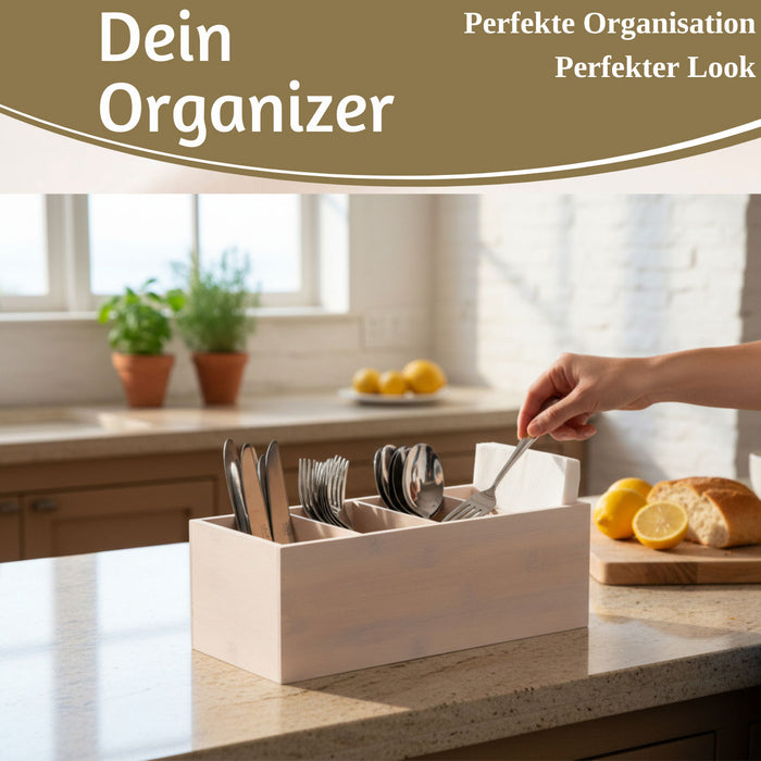 XL Landhaus Holz Aufbewahrungsbox 34cm 4 Fächer Cutlery Stiftebox Besteckkorb