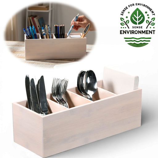 XL Landhaus Holz Aufbewahrungsbox 34cm 4 Fächer Cutlery Stiftebox Besteckkorb
