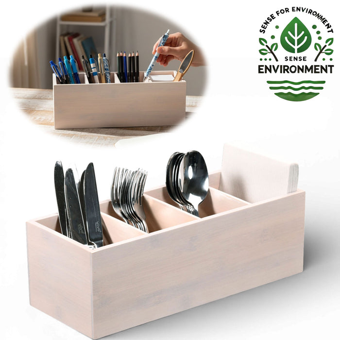 XL Landhaus Holz Aufbewahrungsbox 34cm 4 Fächer Cutlery Stiftebox Besteckkorb