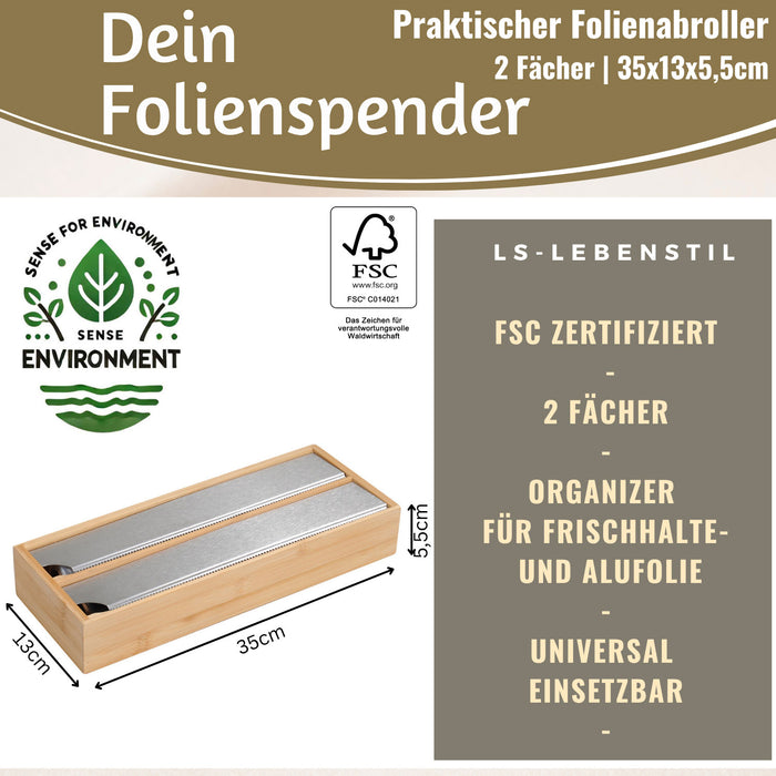 2-fach Holz Folienspender Bambus Schubladen Alufolienspender Folienschneider
