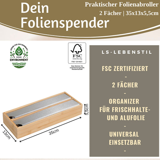 2-fach Holz Folienspender Bambus Schubladen Alufolienspender Folienschneider