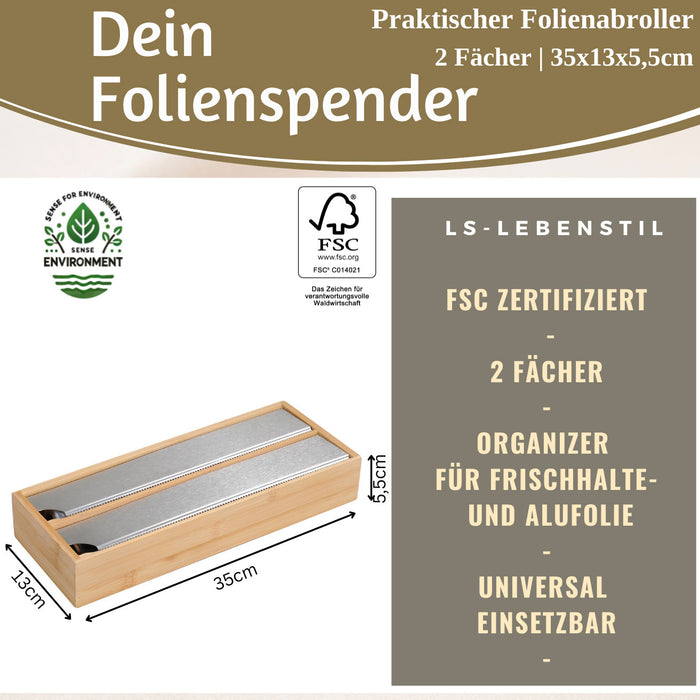 2-fach Holz Folienspender Bambus Schubladen Alufolienspender Folienschneider