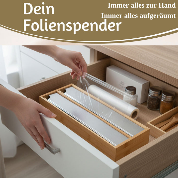 2-fach Holz Folienspender Bambus Schubladen Alufolienspender Folienschneider