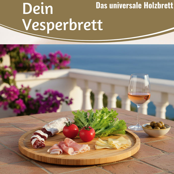 KI-generiertes Bild,XL Holz Pizzateller Servierteller 32cm Bambus Rund Schneidebrett Vesperbrett