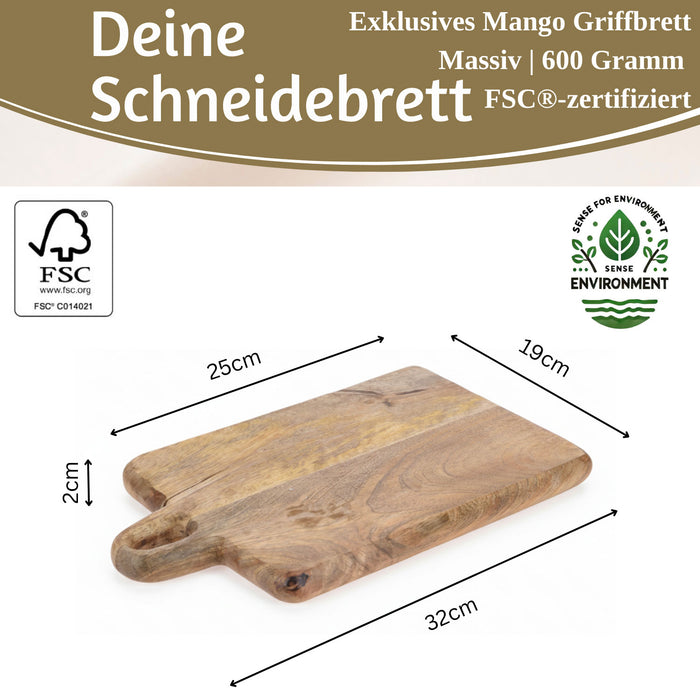 Mango Holz Schneidebrett mit Griff 32cm Vesperbrett Tranchierbrett Massiv