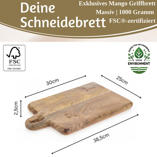 Mango Holz Schneidebrett mit Griff 38cm Vesperbrett Tranchierbrett Massiv