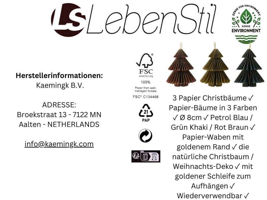 3x Papier Tannenbaum Petrol Grün Braun 8cm Deko-Hänger Weihnachten
