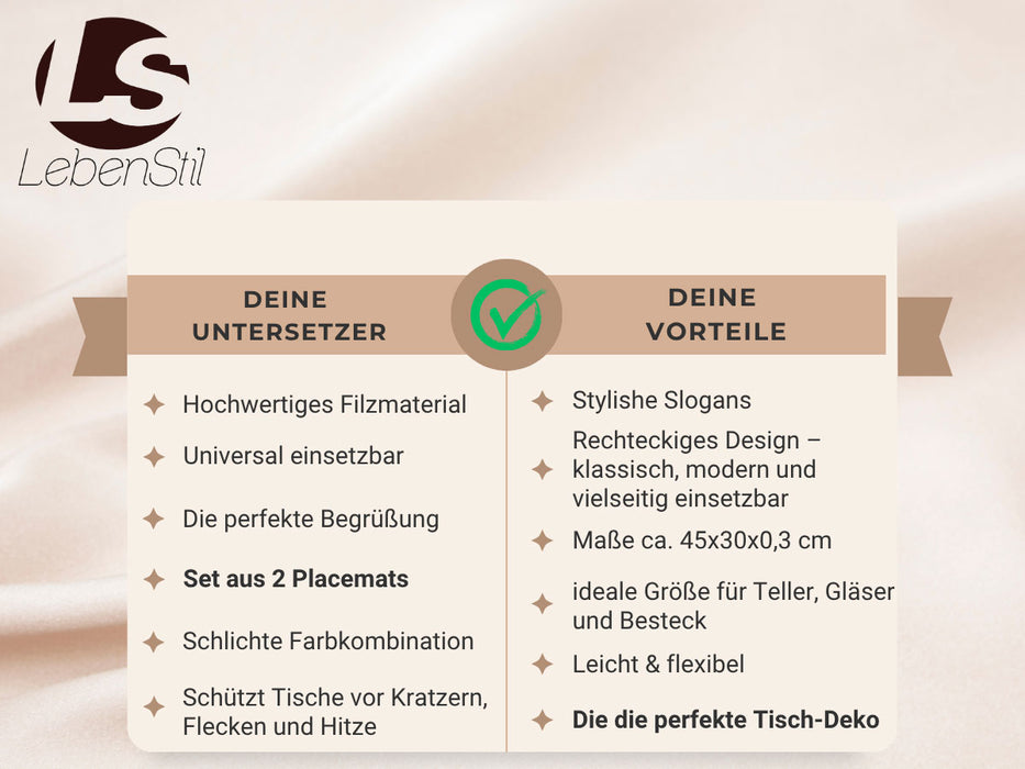 2x Filz Tischset Platzset Happy Hell-Grau 45cm Rechteckig Platzdeckchen Platzmatte