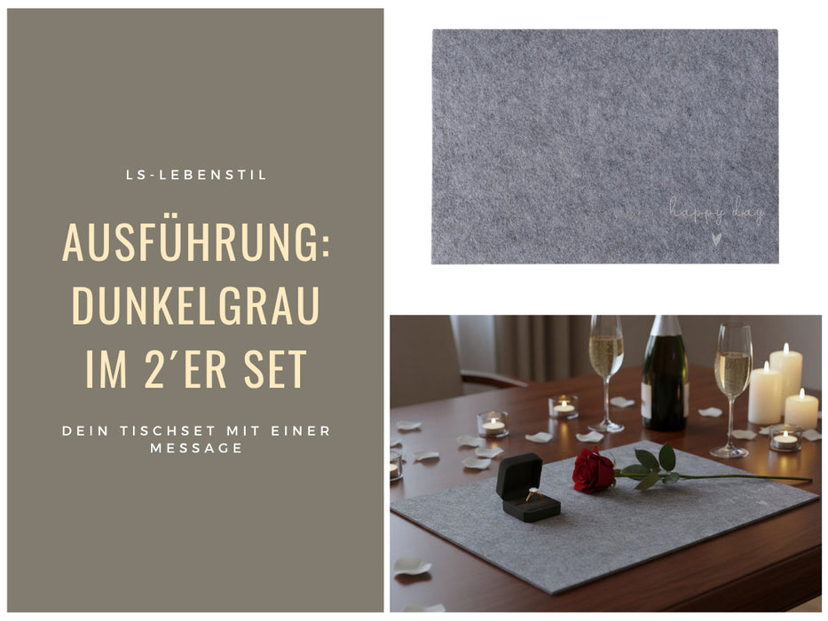 2x Filz Tischset Platzset Happy Dunkel-Grau 45cm Rechteckig Platzdeckchen Platzmatte