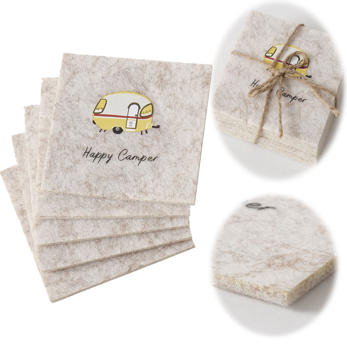 6x Filz Glasuntersetzer 10cm Happy Camper Eckig für Gläser Getränke Tassen Deko