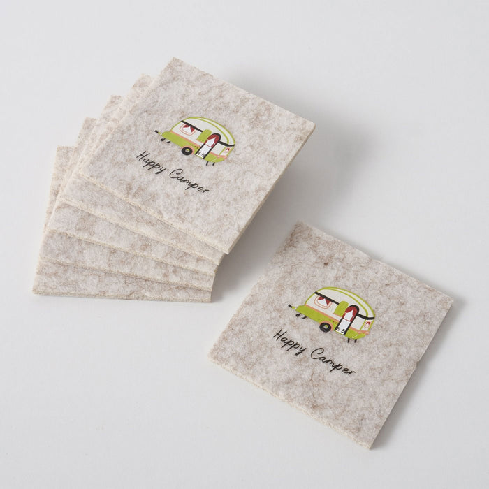 6x Filz Glasuntersetzer 10cm Happy Camper Eckig für Gläser Getränke Tassen Deko