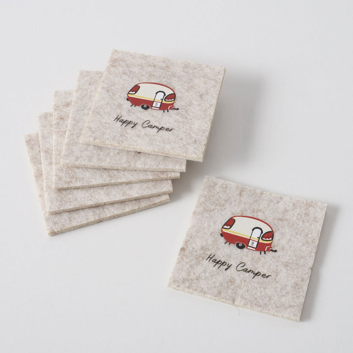 6x Filz Glasuntersetzer 10cm Happy Camper Eckig für Gläser Getränke Tassen Deko