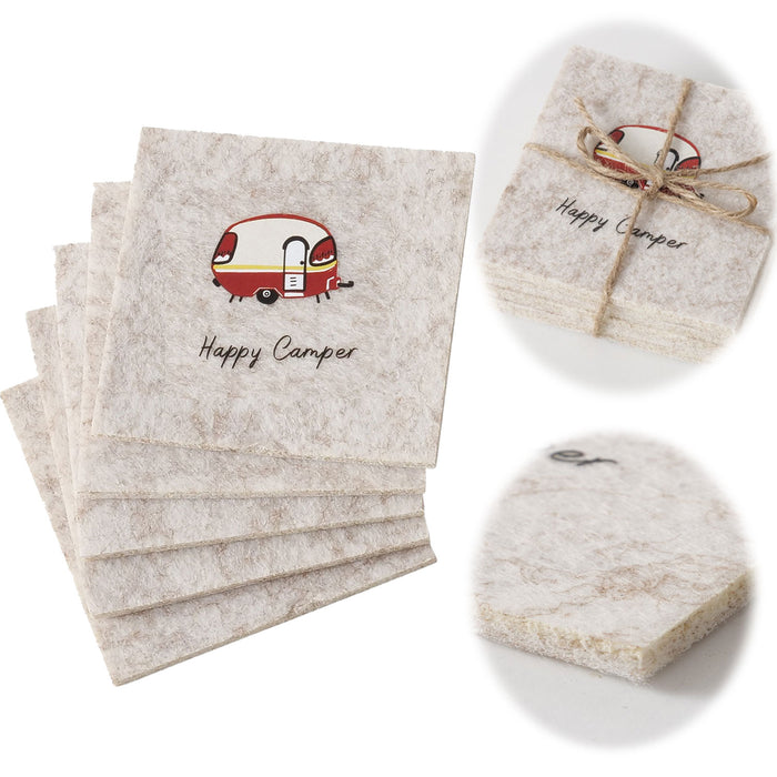6x Filz Glasuntersetzer 10cm Happy Camper Eckig für Gläser Getränke Tassen Deko