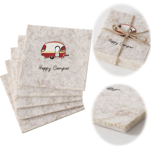 6x Filz Glasuntersetzer 10cm Happy Camper Eckig für Gläser Getränke Tassen Deko