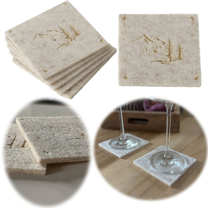 6x Filz Glasuntersetzer 10cm Berge Beige Gold Eckig für Gläser Getränke Tassen