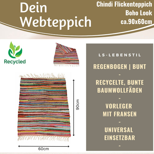 Fleckerlteppich Dehli 90x60cm Recycelt Baumwolle Boho Flickenteppich Fransen