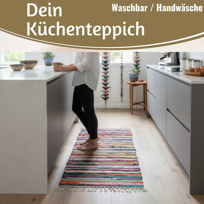 Fleckerlteppich Dehli 90x60cm Recycelt Baumwolle Boho Flickenteppich Fransen