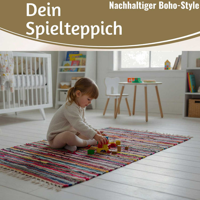 Fleckerlteppich Dehli 90x60cm Recycelt Baumwolle Boho Flickenteppich Fransen