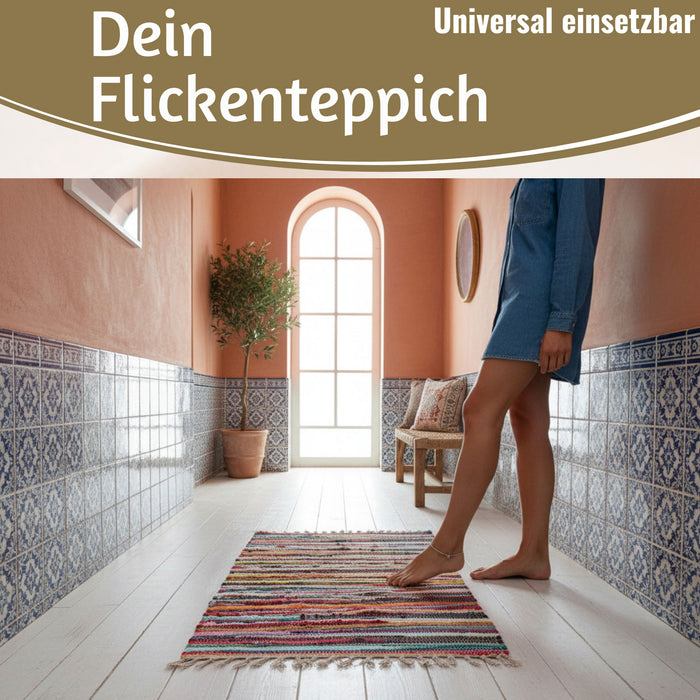 Fleckerlteppich Dehli 90x60cm Recycelt Baumwolle Boho Flickenteppich Fransen