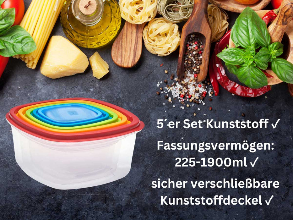 5-fach Frischhaltedosen Set 225-1900ml Quadrat Deckel Gefrierdosen Vorratsdosen