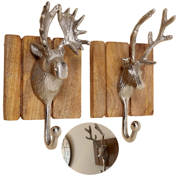 2 Garderobenhaken Holz Alu Hirsch-Kopf Braun Set Wandhaken Wand-Garder — LS-LebenStil