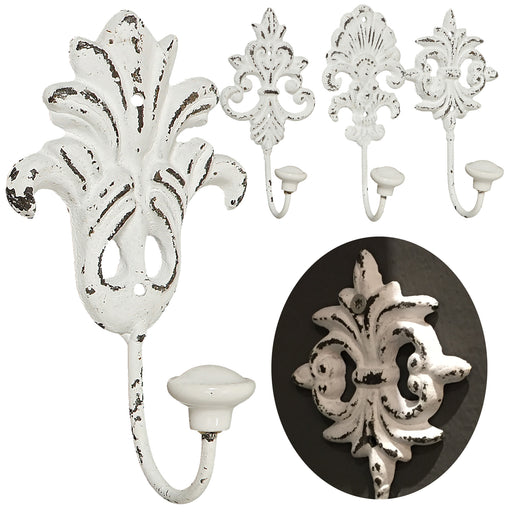 2x Vintage Kleiderhaken 15x7cm Weiß Blume Garderobenhaken Wandhaken