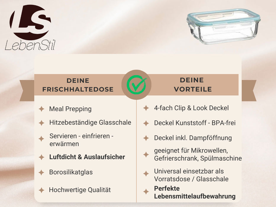 Glas Frischhaltedose Cook & Lock 1480ml mit Deckel Lebensmittel Mikrowelle Gefrierbox