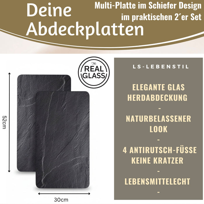 KI-generiertes Bild,2´er Set ESG Glas Herdabdeckplatten Schiefer 52x30cm Glasschneidebrett Schneidebrett