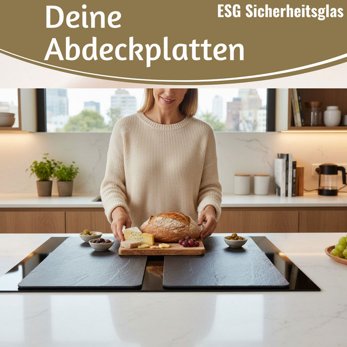 2´er Set ESG Glas Herdabdeckplatten Schiefer 52x30cm Glasschneidebrett Schneidebrett