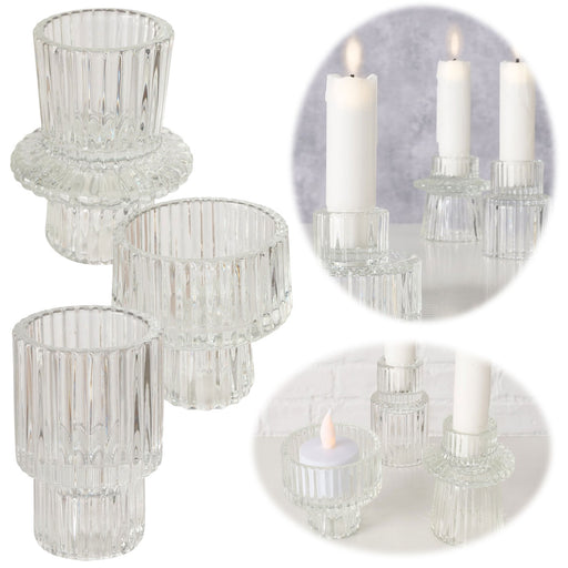3er Set Glas Kerzenständer Klar 7cm Kerzenhalter für Stabkerzen Teelichter