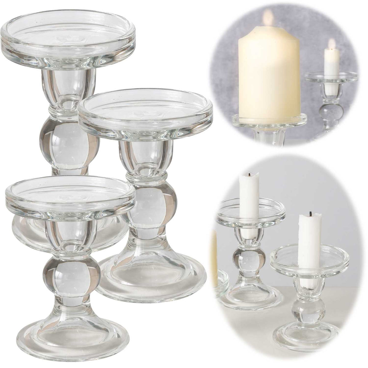 3er Set Glas Kerzenständer Klar 28cm Kerzenhalter für Stabkerzen Stump — LS-LebenStil