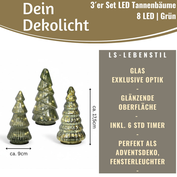 KI-generiertes Bild,3x Glas Tannenbaum 8 LED Ø 9cm Silber Set Weihnachtsbaum Beleuchtet Timer Batterie