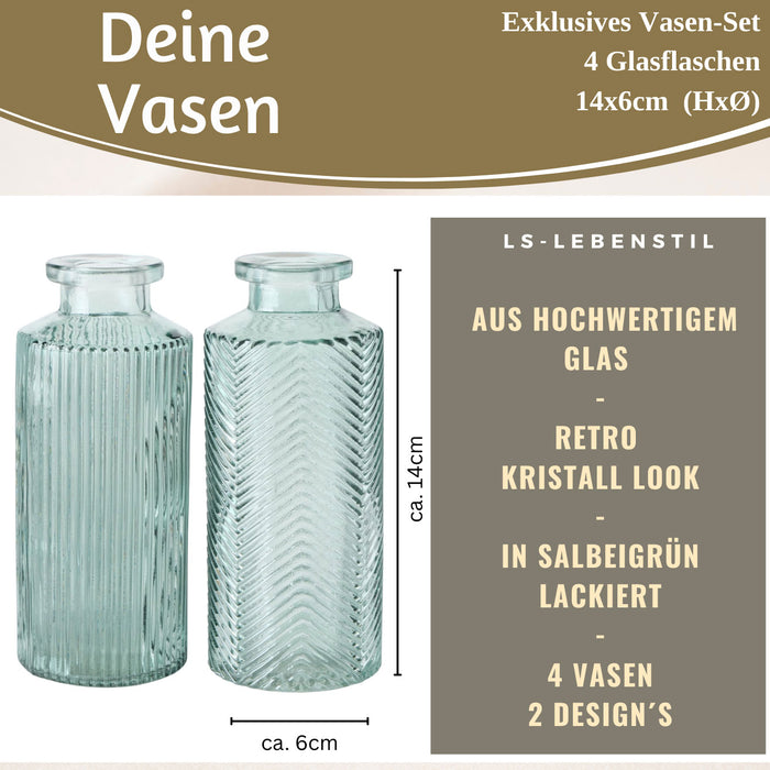 4x Retro Glas Vase 14cm Salbei Grün Set Blumenvase Deko Tischvase Väschen