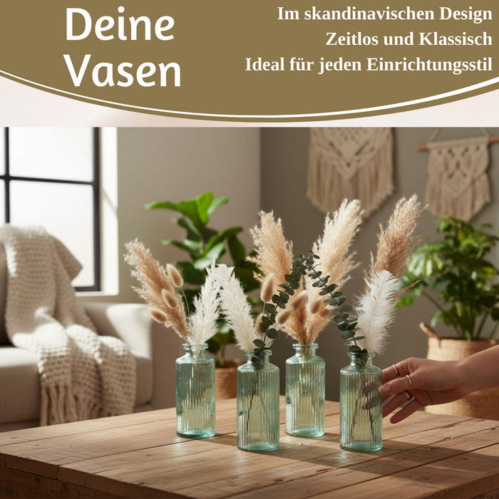 4x Retro Glas Vase 14cm Salbei Grün Set Blumenvase Deko Tischvase Väschen