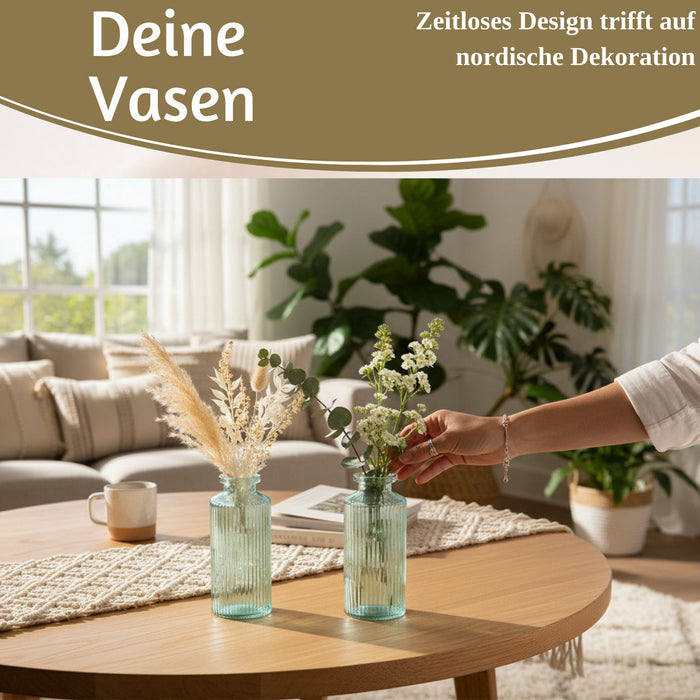 4x Retro Glas Vase 14cm Salbei Grün Set Blumenvase Deko Tischvase Väschen