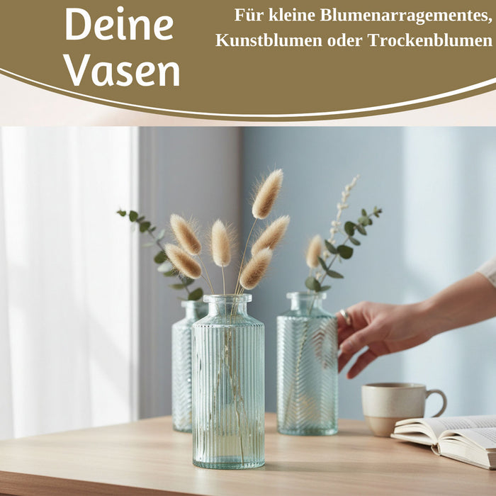 4x Retro Glas Vase 14cm Salbei Grün Set Blumenvase Deko Tischvase Väschen