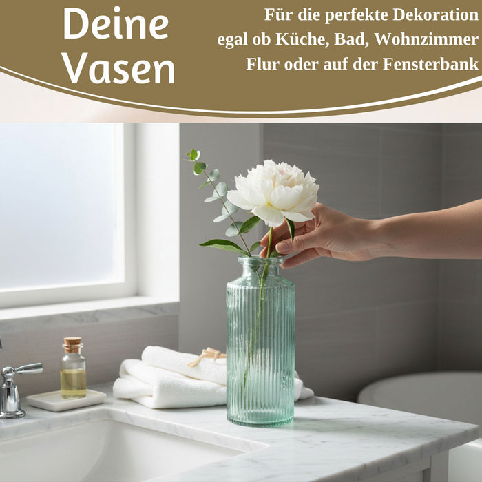 4x Retro Glas Vase 14cm Salbei Grün Set Blumenvase Deko Tischvase Väschen